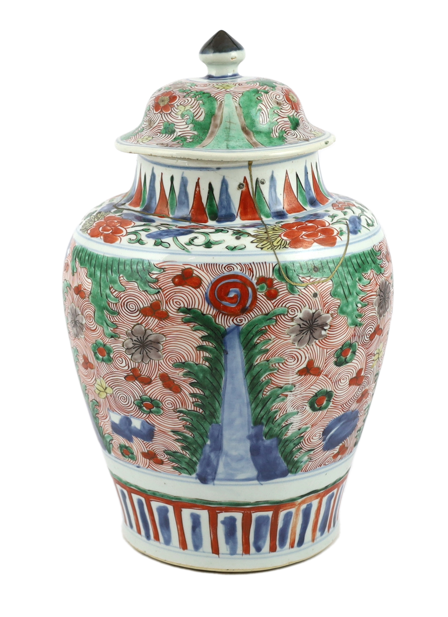 A Chinese wucai ovoid vase and cover, Transitional, Shunzhi period, broken with kintsugi style repair